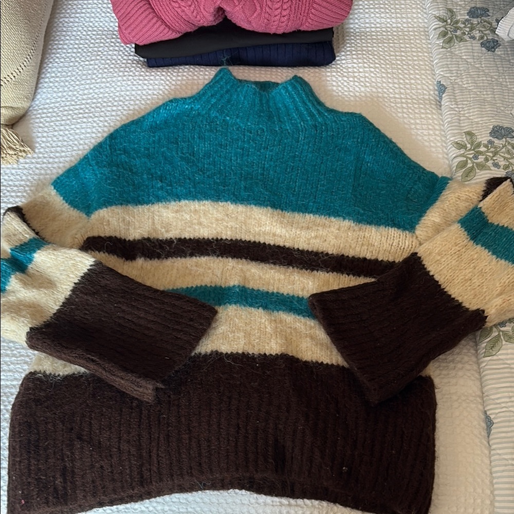 Zara Teal, Cream, and Brown Striped Turtleneck Sweater